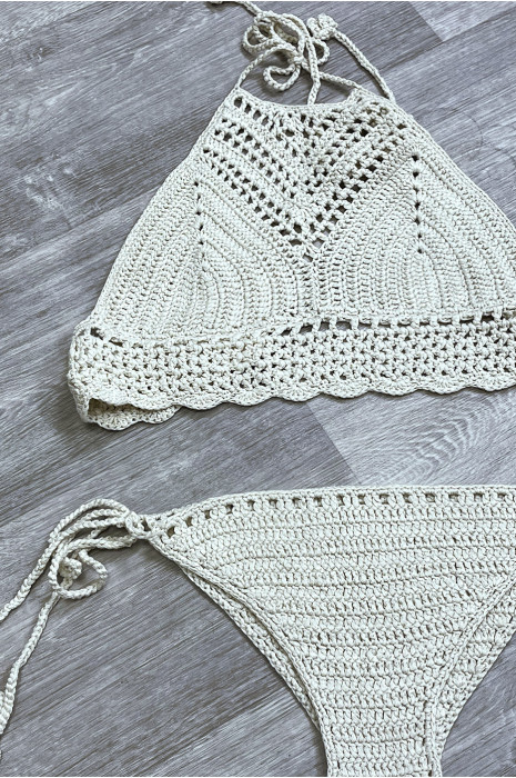 Beige crochet crew neck bikini - 1