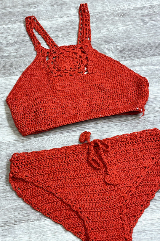 Red crochet two-piece swimsuit - 1