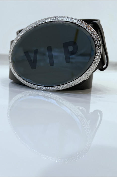 Ceinture noire à boucle ovale inscription VIP - 4