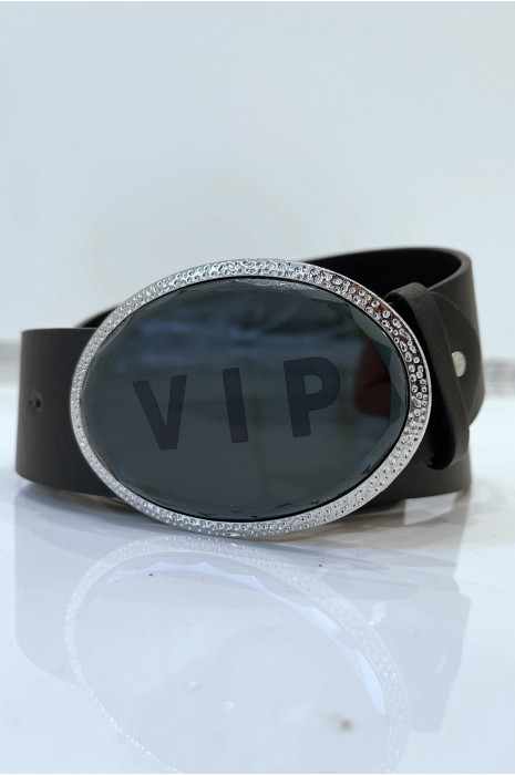 Ceinture noire à boucle ovale inscription VIP - 1