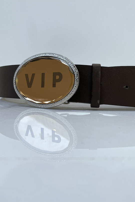Brown belt with oval buckle VIP inscription - 1