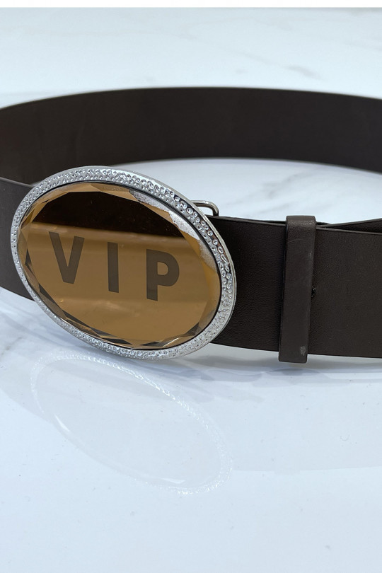 Brown belt with oval buckle VIP inscription - 4