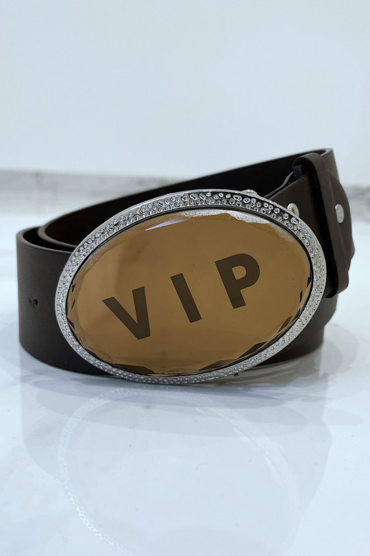 Brown belt with oval buckle VIP inscription - 5