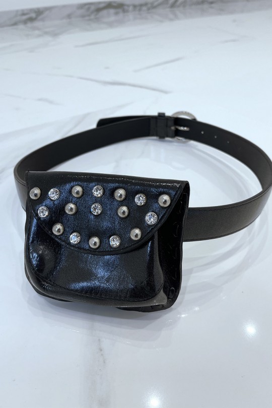 Black belt in shiny faux leather and rhinestone and nail pouch - 1
