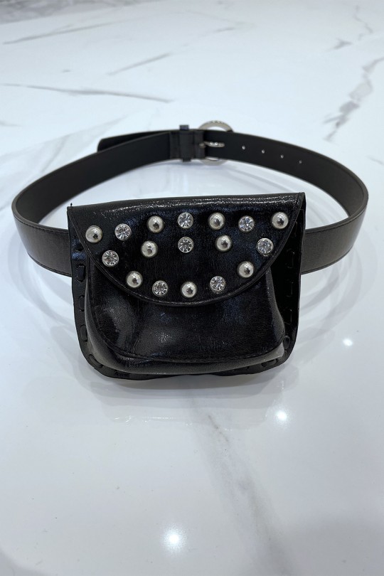 Black belt in shiny faux leather and rhinestone and nail pouch - 2