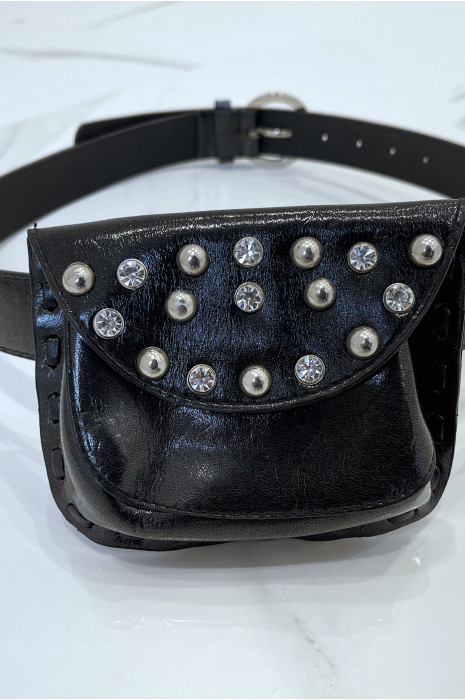 Ceinture noire en simili brillant et pochette à strass et clou - 3