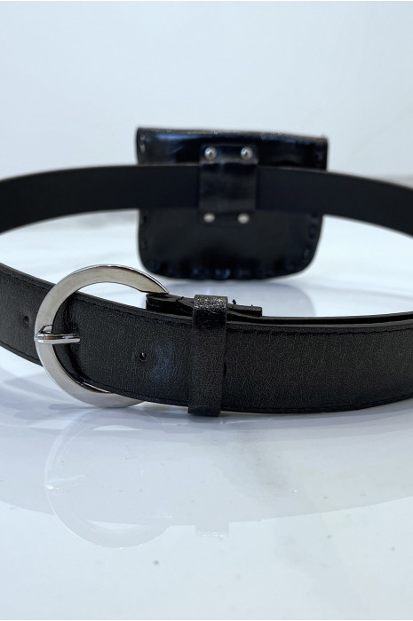 Zwarte riem van glanzend imitatieleer met strass- en spijkerzakje - 4