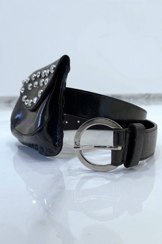 Black belt in shiny faux leather and rhinestone and nail pouch - 7