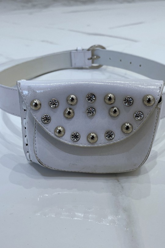 White belt in shiny faux leather and rhinestone and nail pouch - 1