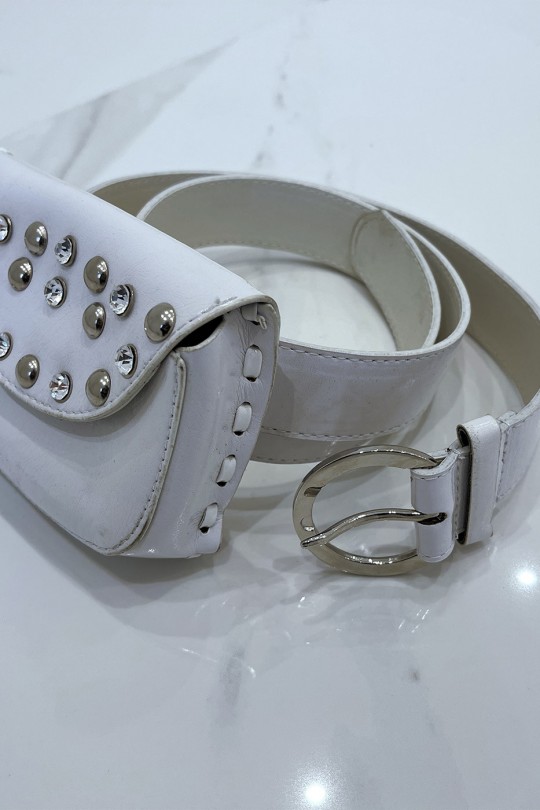 White belt in shiny faux leather and rhinestone and nail pouch - 3