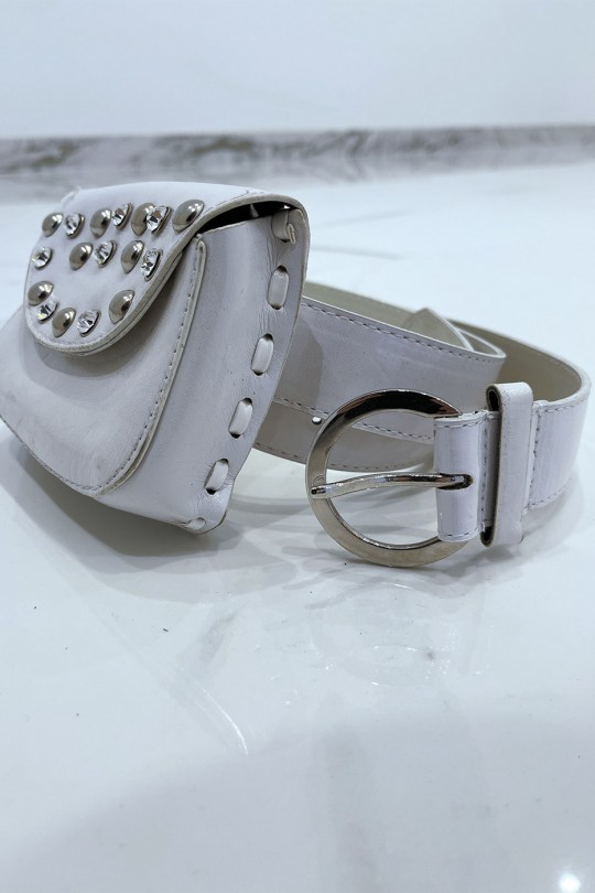 White belt in shiny faux leather and rhinestone and nail pouch - 4
