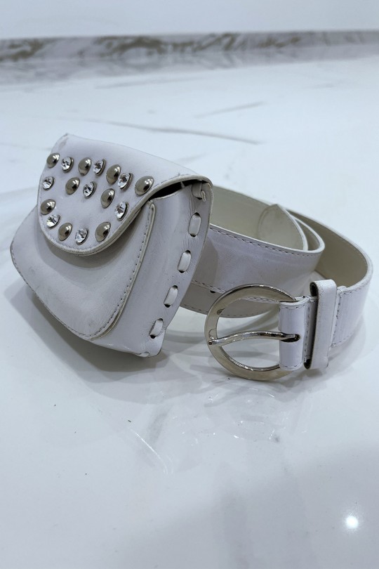 White belt in shiny faux leather and rhinestone and nail pouch - 5