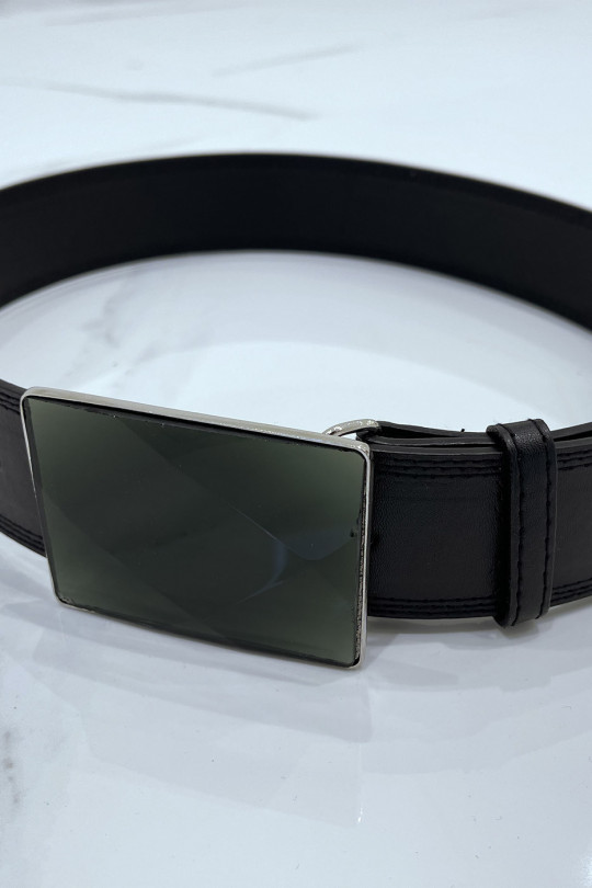 Wide black belt with rectangle glass buckle - 1