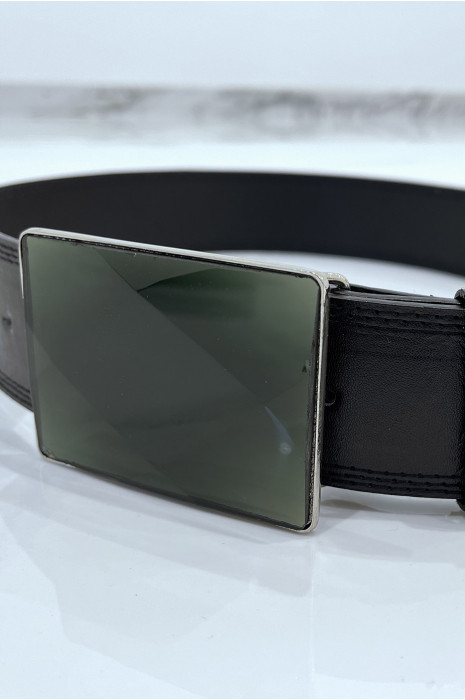 Brede zwarte riem met rechthoekige glazen gesp - 3