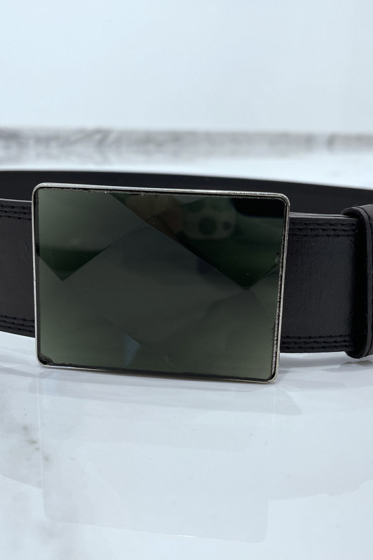 Wide black belt with rectangle glass buckle - 4