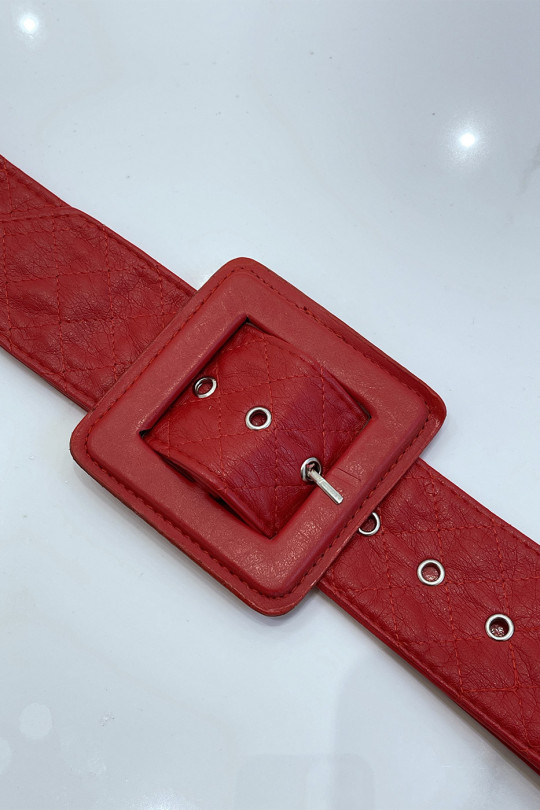 Rode riem in gewatteerde stijl met vierkante gesp - 1