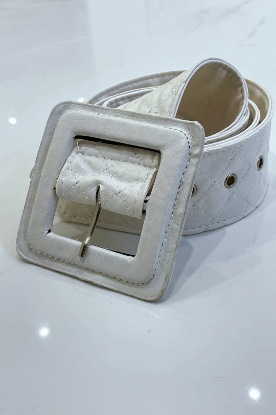 White quilted style belt with square buckle - 3