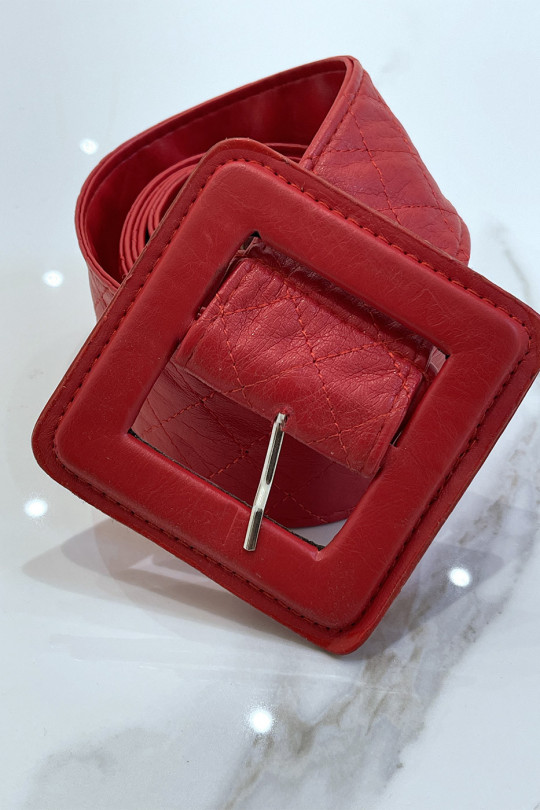 Rode riem in gewatteerde stijl met vierkante gesp - 6