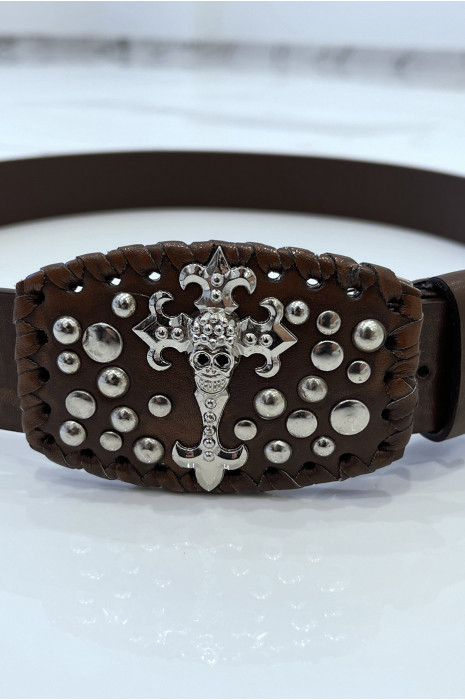 Ceinture marron en simili à boucle clou et tête de mort - 3