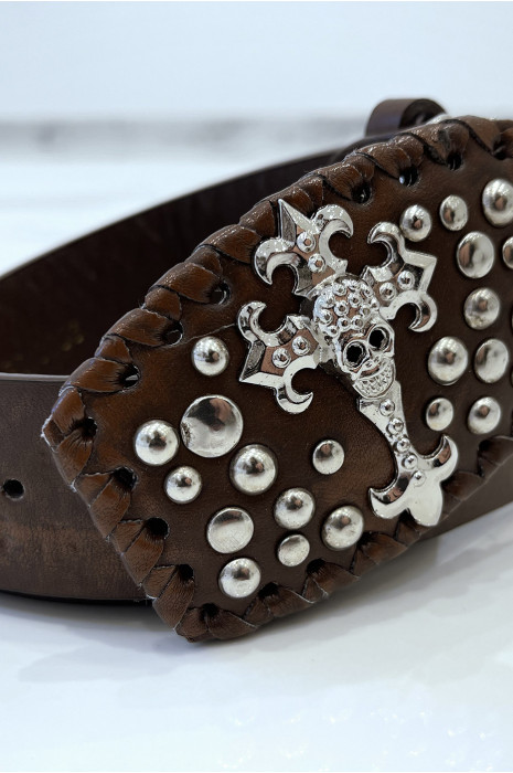 Ceinture marron en simili à boucle clou et tête de mort - 5