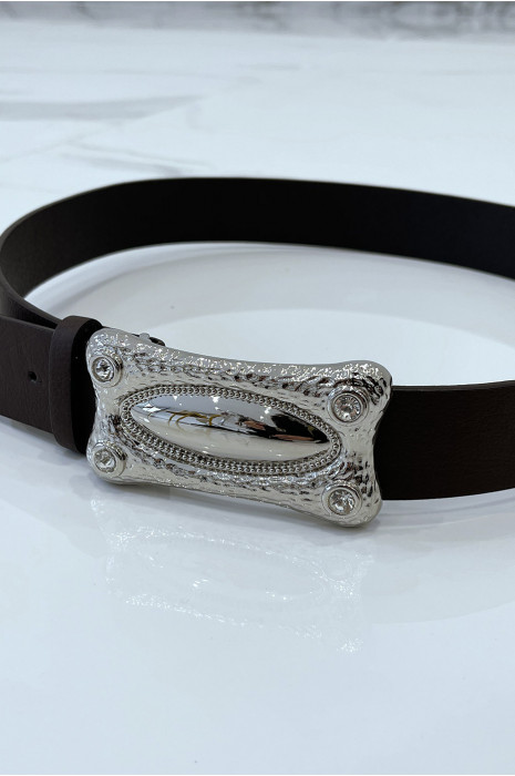 Bruine imitatieleren riem met rechthoekige gesp met strass - 2