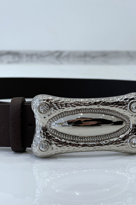 Brown faux leather belt with rectangle buckle with rhinestones - 3