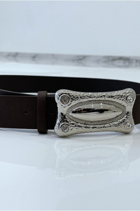 Ceinture marron en simili à boucle rectangle avec strass - 4