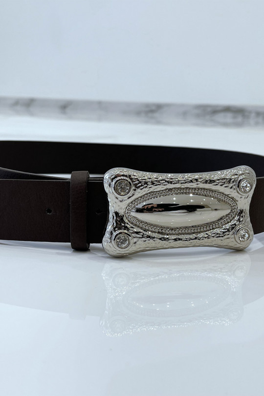 Brown faux leather belt with rectangle buckle with rhinestones - 4