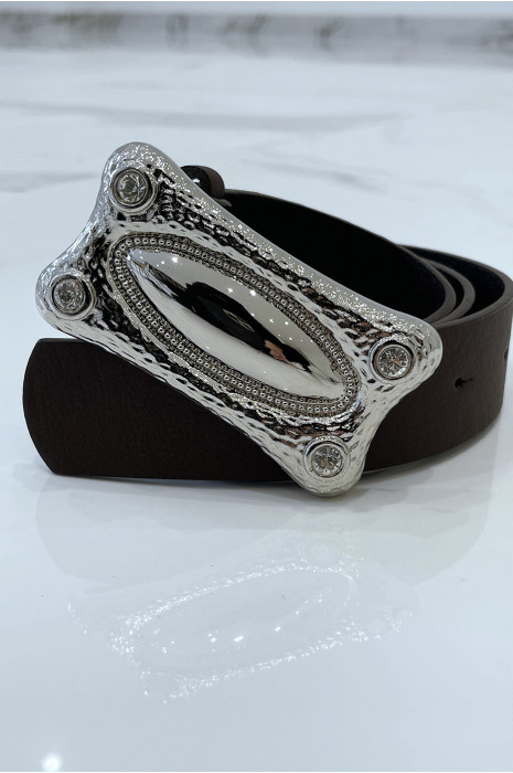 Bruine imitatieleren riem met rechthoekige gesp met strass - 1