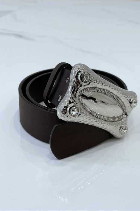 Bruine imitatieleren riem met rechthoekige gesp met strass - 5