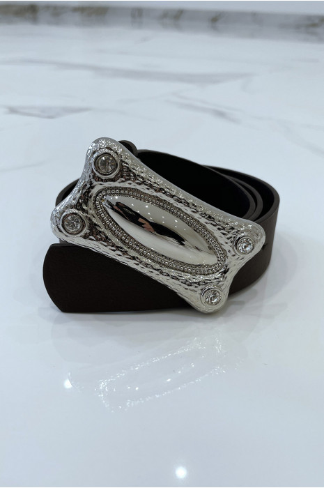 Bruine imitatieleren riem met rechthoekige gesp met strass - 6
