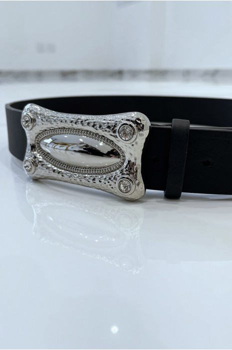 Black faux leather belt with rectangle buckle with rhinestones - 2