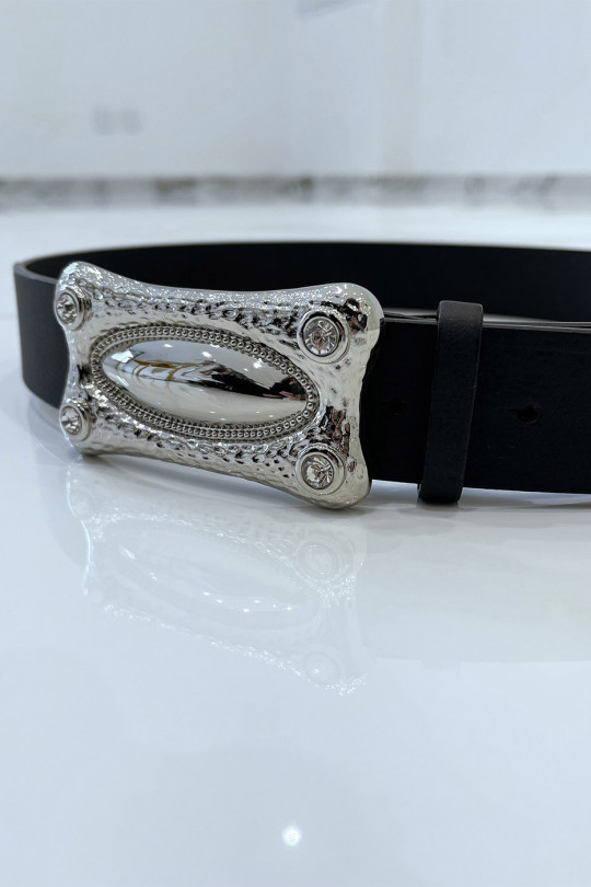 Black faux leather belt with rectangle buckle with rhinestones - 2