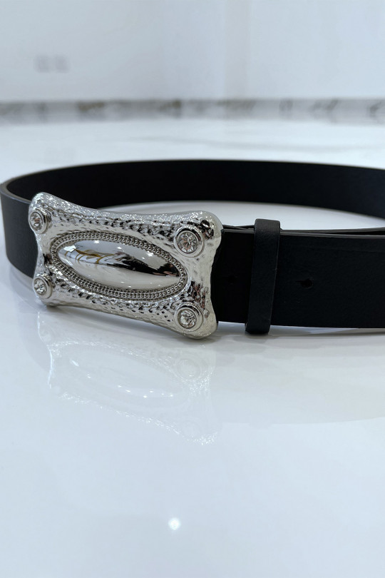Black faux leather belt with rectangle buckle with rhinestones - 3