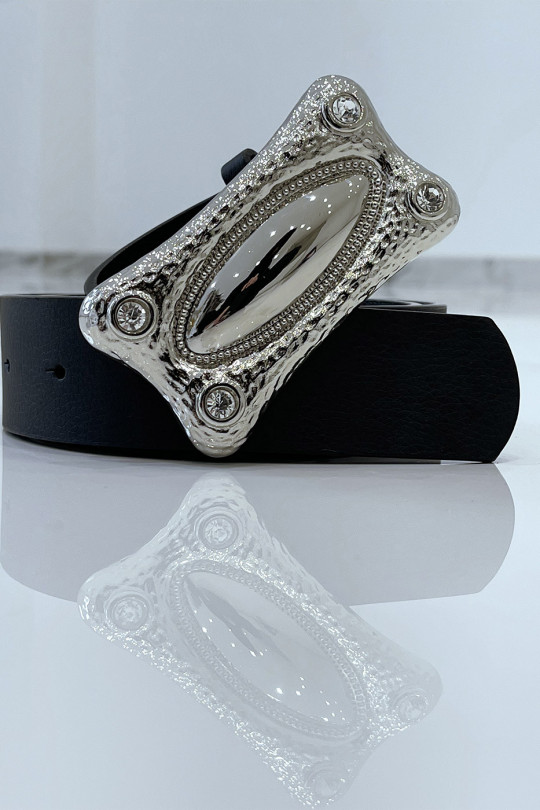 Black faux leather belt with rectangle buckle with rhinestones - 1