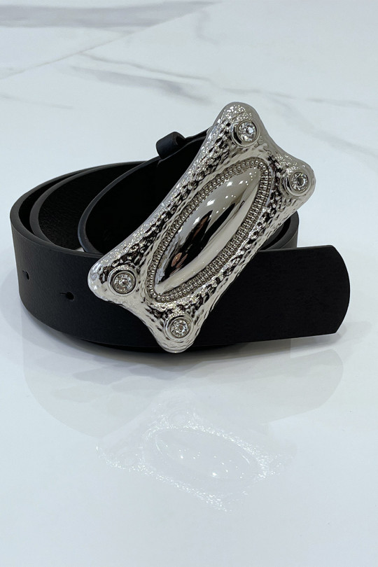 Black faux leather belt with rectangle buckle with rhinestones - 5