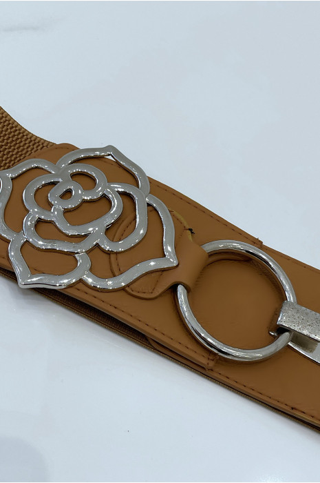 Ceinture large camel avec boucle motif fleur et matière elastique - 1