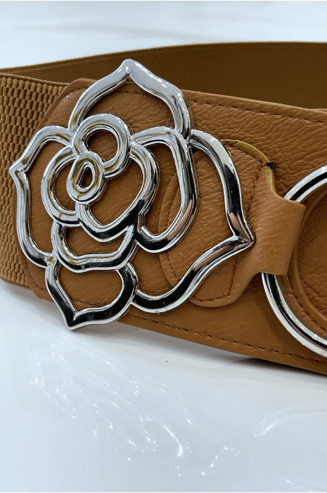 Ceinture large camel avec boucle motif fleur et matière elastique - 5
