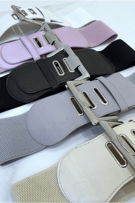 Wide pink belt in stretch material and faux leather and silver buckle - 1