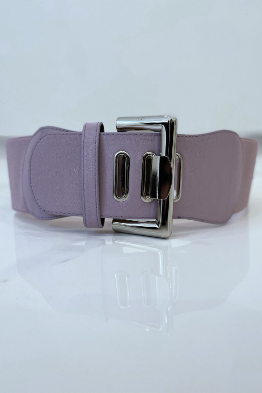 Wide pink belt in stretch material and faux leather and silver buckle - 2
