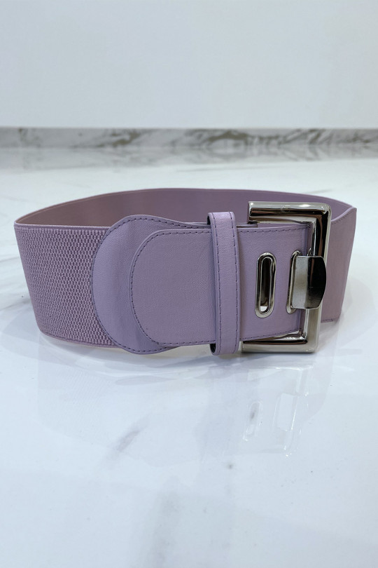 Wide pink belt in stretch material and faux leather and silver buckle - 3
