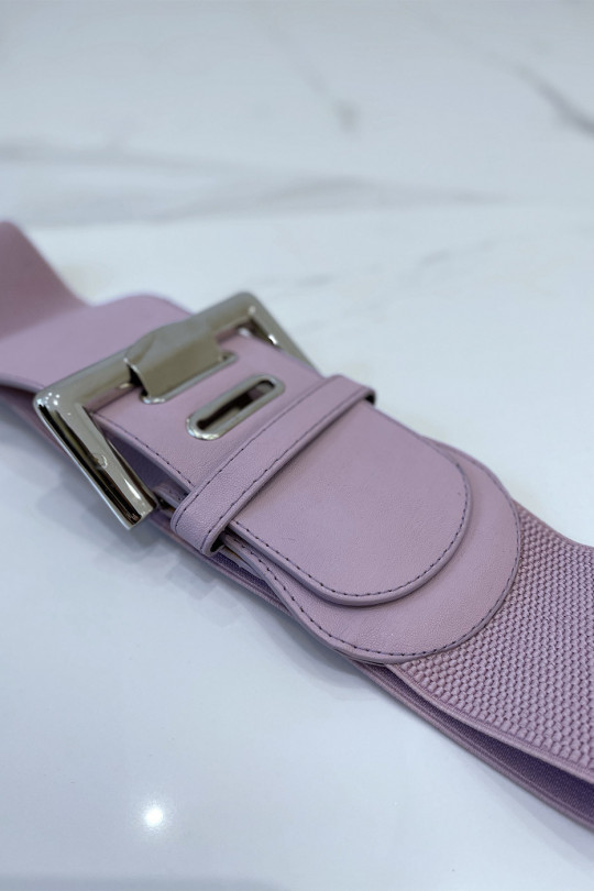 Wide pink belt in stretch material and faux leather and silver buckle - 4
