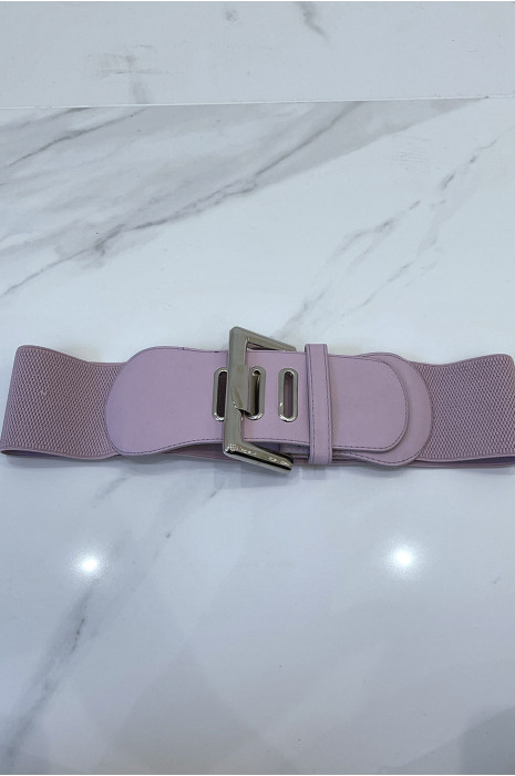 Wide pink belt in stretch material and faux leather and silver buckle - 5