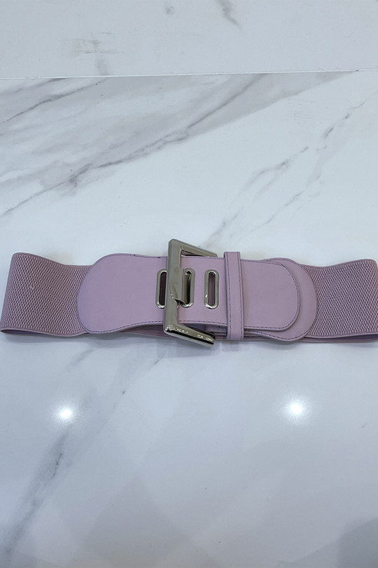 Wide pink belt in stretch material and faux leather and silver buckle - 5