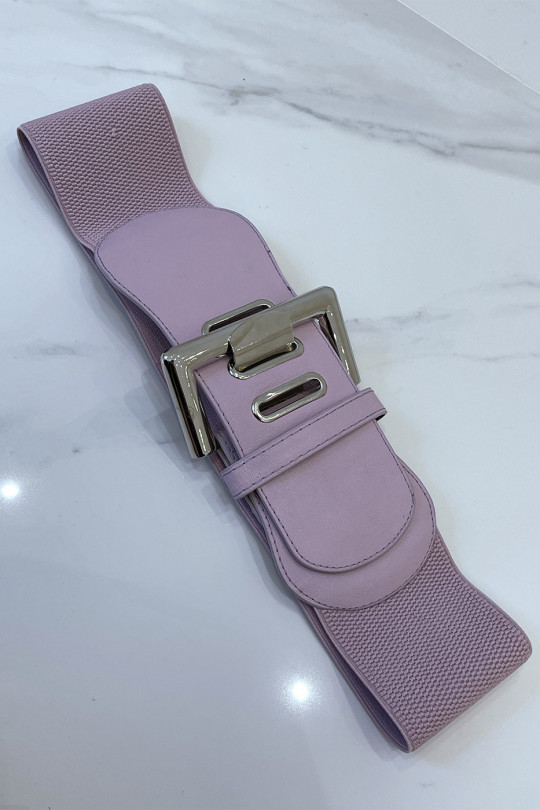 Wide pink belt in stretch material and faux leather and silver buckle - 6