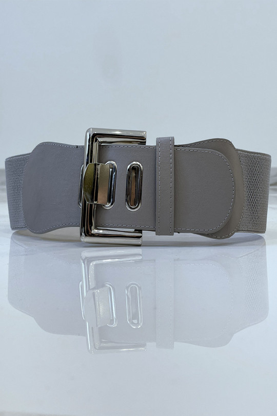 Wide gray belt in stretch material and faux leather and silver buckle - 1