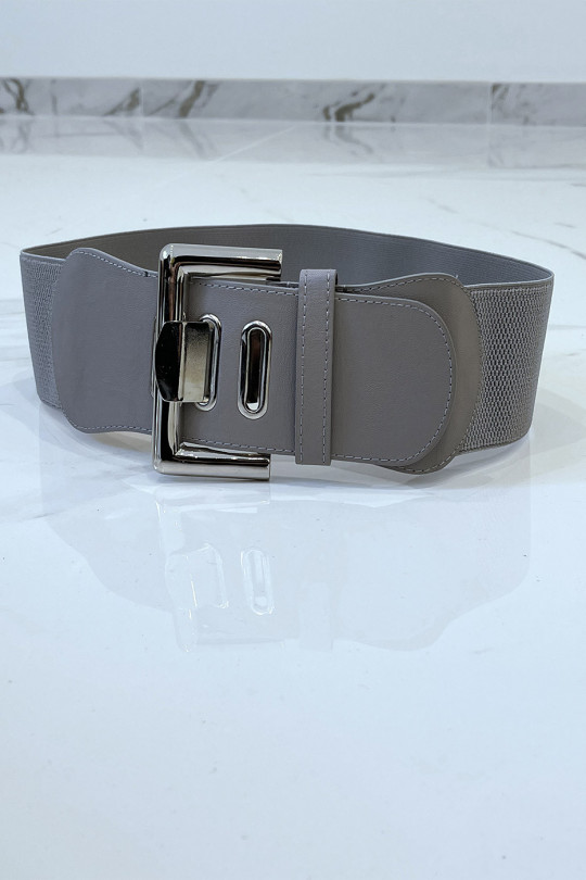 Wide gray belt in stretch material and faux leather and silver buckle - 2