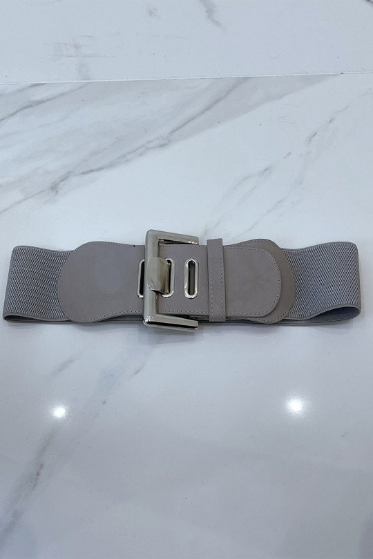Wide gray belt in stretch material and faux leather and silver buckle - 4