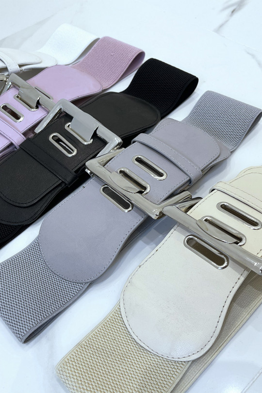 Wide gray belt in stretch material and faux leather and silver buckle - 5