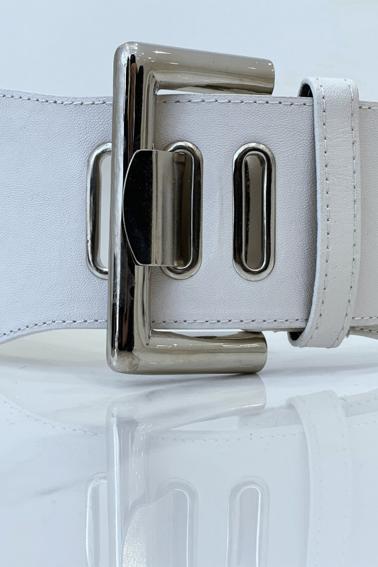 Wide white belt in stretch material and faux leather and silver buckle - 1